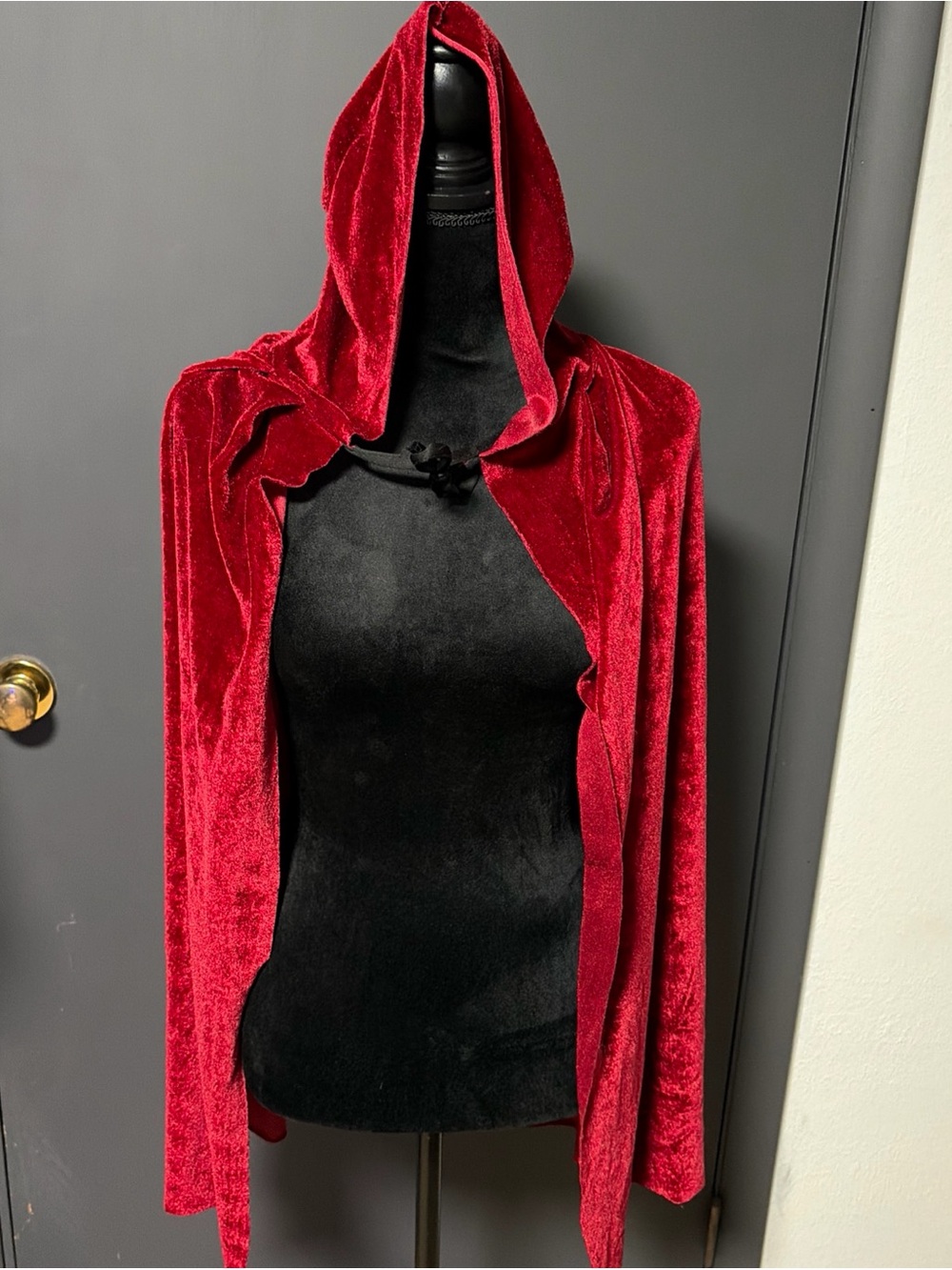 Girls short red velvet hooded cape or cloak,